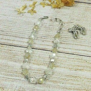 Women White/Clear Beads Necklace &  Silver Color Clips Earrings Set Gift for Her